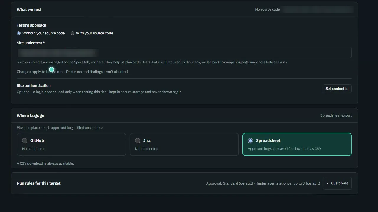 Video poster: the Settings page of a sample target in QA Agents Cloud, with the Where bugs go card showing three choices, GitHub, Jira and Spreadsheet, with Spreadsheet selected, and the line: each approved bug is filed once, there.